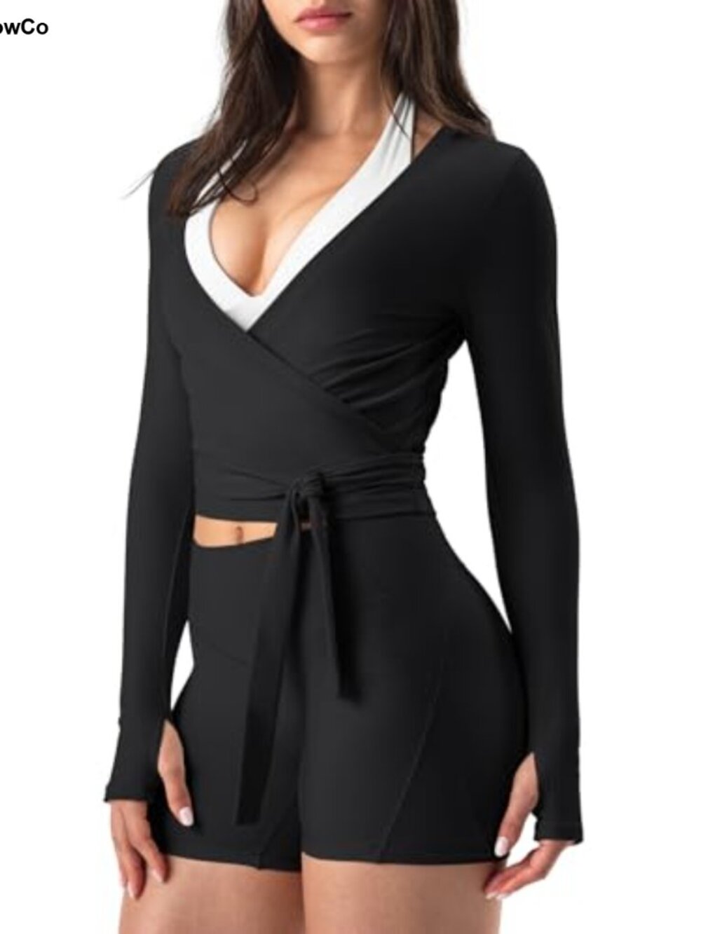 Womens Pilates Wrap Top Long Sleeve Tie Front Cropped Bolero Yoga Shirt